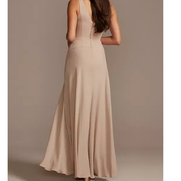 David's Bridal Tank Georgette Cascade Bridesmaid Dress w/ Slit Portobello 4 NWT - Picture 2 of 8